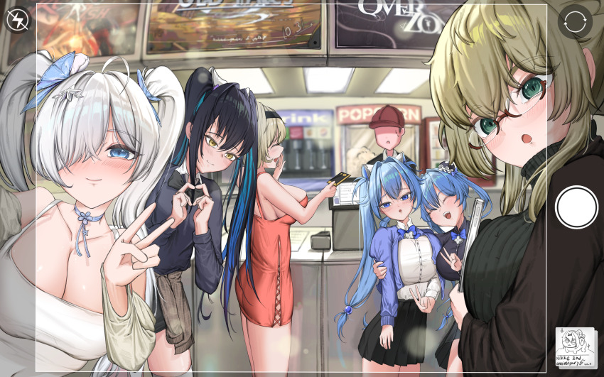 &gt;_&lt; 1boy 6+girls :o abe_(nikke) absurdres ahoge alternate_universe aqua_hair arm_around_shoulder bare_shoulders baseball_cap black_hair black_shirt blonde_hair blue_eyes blue_hair blush bow bowtie breasts bun_cover camisole cash_register cellphone choker cinderella_(nikke) clothes_around_waist collarbone collared_shirt colored_inner_hair commentary contemporary counter covering_own_mouth credit_card doro_(nikke) dress faceless faceless_male fake_phone_screenshot fake_screenshot flower food goddess_of_victory:_nikke green_eyes gretel_(nikke) hair_between_eyes hair_bow hair_ornament hands_up hansel_(nikke) hat heart heart_hands highres huge_breasts indoors jacket jacket_around_waist ko_uniii large_breasts laughing little_mermaid_(nikke) looking_at_viewer movie_poster multicolored_hair multiple_girls off_shoulder old_tales_(nikke) open_collar open_mouth phone pleated_skirt popcorn poster_(object) red_dress red_shoes_(nikke) ribbed_sweater selfie semi-rimless_eyewear shirt shorts skirt sleeveless small_breasts smartphone smile soda_machine spaghetti_strap star_(symbol) star_hair_ornament sweatdrop sweater sweater_jacket thighhighs turtleneck twintails v white_camisole white_hair white_shirt wing_collar yellow_eyes