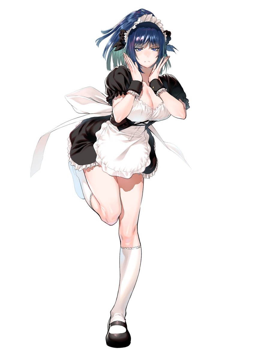 1girl alternate_costume apron azuma_kyoutarou_(artist) black_dress black_footwear blue_eyes blue_hair blush breasts cleavage dress embarrassed enmaided female_focus frilled_dress frills frown full_body highres huge_breasts kneehighs large_breasts leg_up leona_heidern long_hair looking_at_viewer maid maid_apron maid_headdress medium_hair ponytail short_dress short_sleeves simple_background snk_heroines:_tag_team_frenzy socks solo the_king_of_fighters white_background white_socks wrist_cuffs