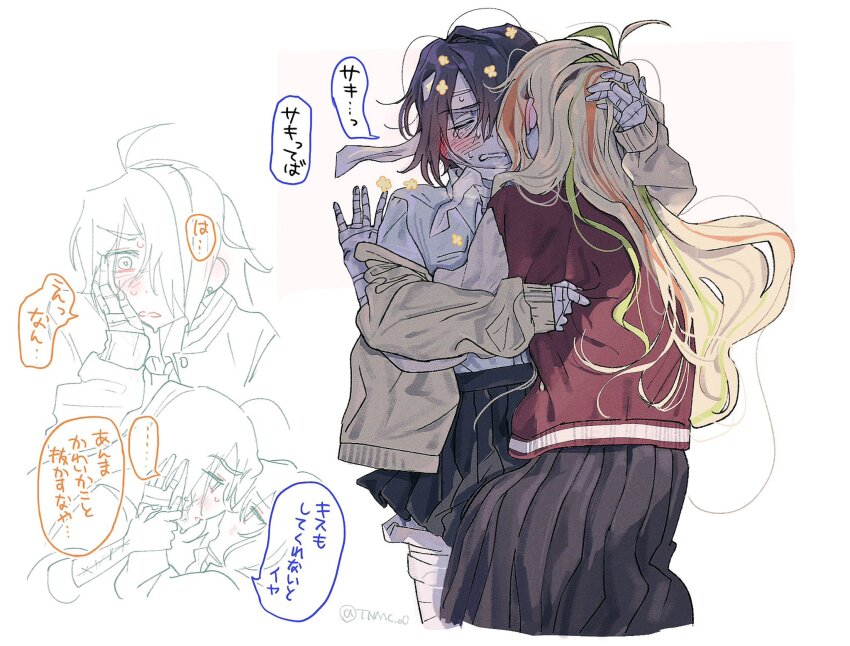 2girls bandages black_hair black_skirt blonde_hair blush collared_shirt commentary_request green_hair hand_on_another&#039;s_face highres holding_another&#039;s_wrist jacket mizuno_ai multicolored_hair multiple_girls nikaidou_saki orange_hair pleated_skirt red_jacket shirt short_hair simple_background skirt speech_bubble streaked_hair tears tnmc_o0 translation_request white_background white_shirt yuri zombie zombie_land_saga