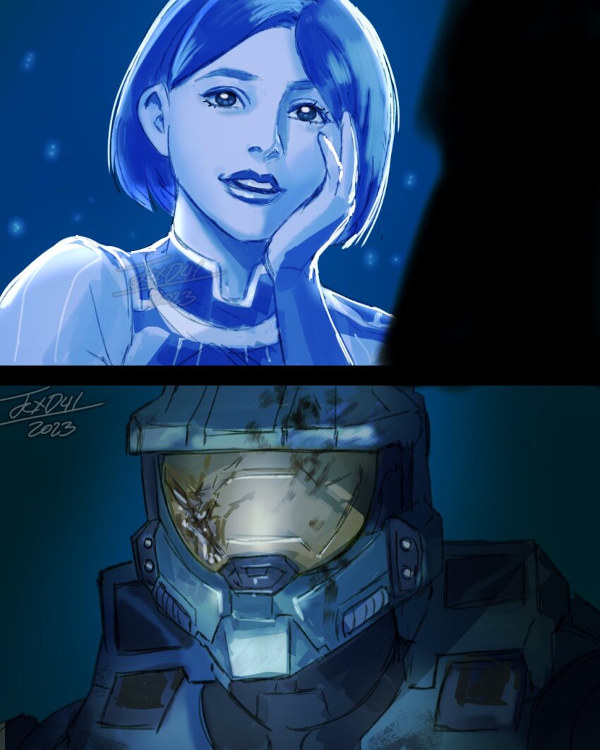 1boy 1girl armor blade_runner_(series) blade_runner_2049 commentary cortana english_commentary goslingposting_(meme) halo_(series) hand_on_own_cheek hand_on_own_face highres hologram master_chief outdoors power_armor scene_reference short_hair spartan_(halo) texd41