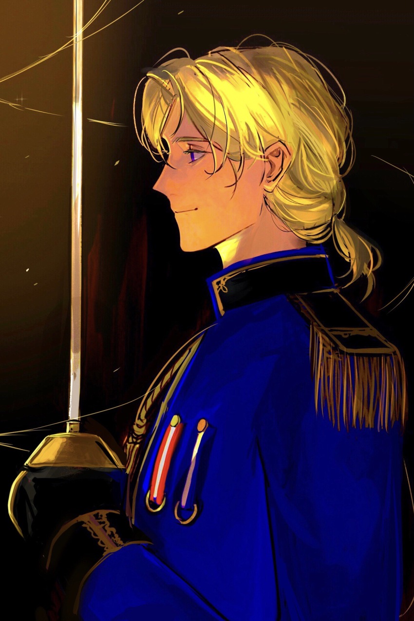 1boy award_ribbon axis_powers_hetalia black_background blonde_hair blue_eyes blue_jacket epaulettes france_(hetalia) gloves high_collar highres holding holding_sword holding_weapon jacket long_sleeves low_ponytail male_focus medal medium_hair military military_jacket military_uniform ponytail profile purple_eyes smile solo sword upper_body wanlaijuji132 weapon