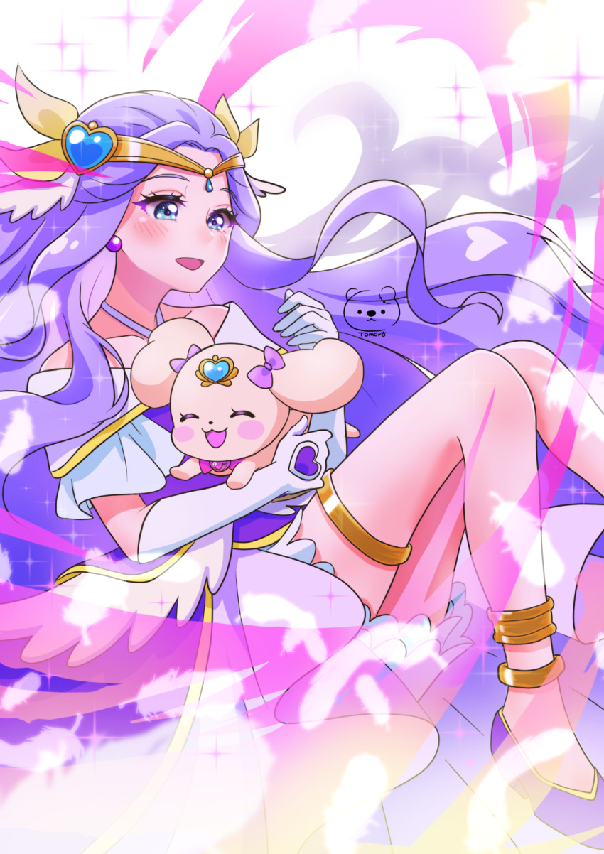 1girl artist_logo artist_name blue_eyes blush blush_stickers bow bowtie circlet closed_eyes commentary cure_earth dog dress earrings elbow_gloves fuurin_asumi gloves happy_birthday healin&#039;_good_precure highres jewelry latte_(precure) logo long_hair magical_girl moro_precure off-shoulder_dress off_shoulder open_mouth pink_bow pink_bowtie precure purple_dress purple_hair purple_shoes shoes solo white_gloves