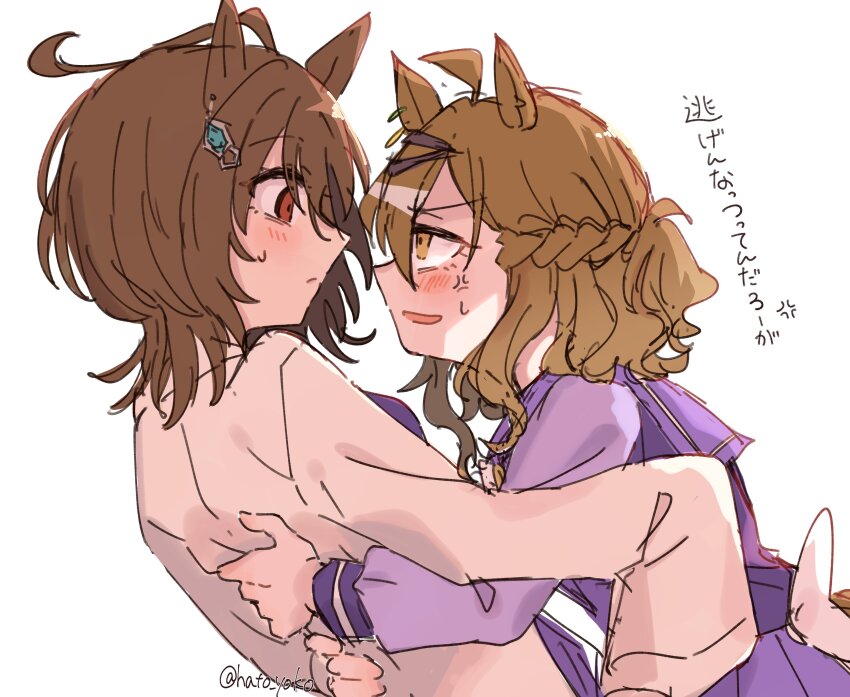 2girls absurdres agnes_tachyon_(umamusume) akarimaru anger_vein animal_ears blush braid brown_hair commentary eye_contact half_up_braid highres horse_ears horse_girl jungle_pocket_(umamusume) lab_coat looking_at_another medium_hair multiple_girls pleated_skirt purple_shirt purple_skirt red_eyes school_uniform shirt simple_background skirt sweat tracen_school_uniform umamusume white_background yellow_eyes yuri