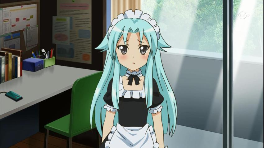 1girl blue_hair blush chair female_focus haiyore!_nyaruko-san highres indoors long_hair maid maid_headdress shantak_(nyaruko-san) solo standing tagme
