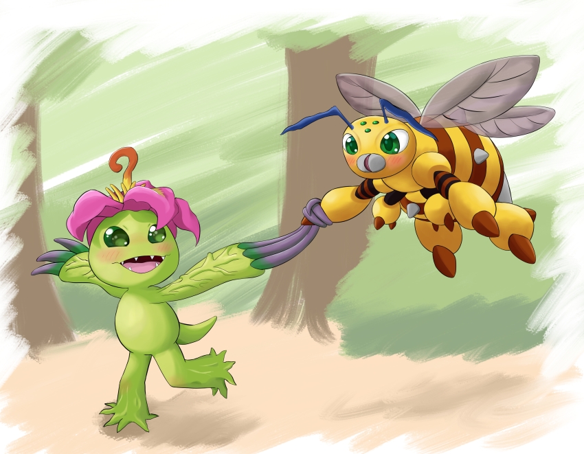 absurdres bee blush bug commentary digimon digimon_(creature) english_commentary full_body funbeemon green_eyes highres holding_hands insect mixed-language_commentary no_humans omeka_gamma open_mouth palmon plant_monster shadow sharp_teeth smile spanish_commentary teeth tree wings