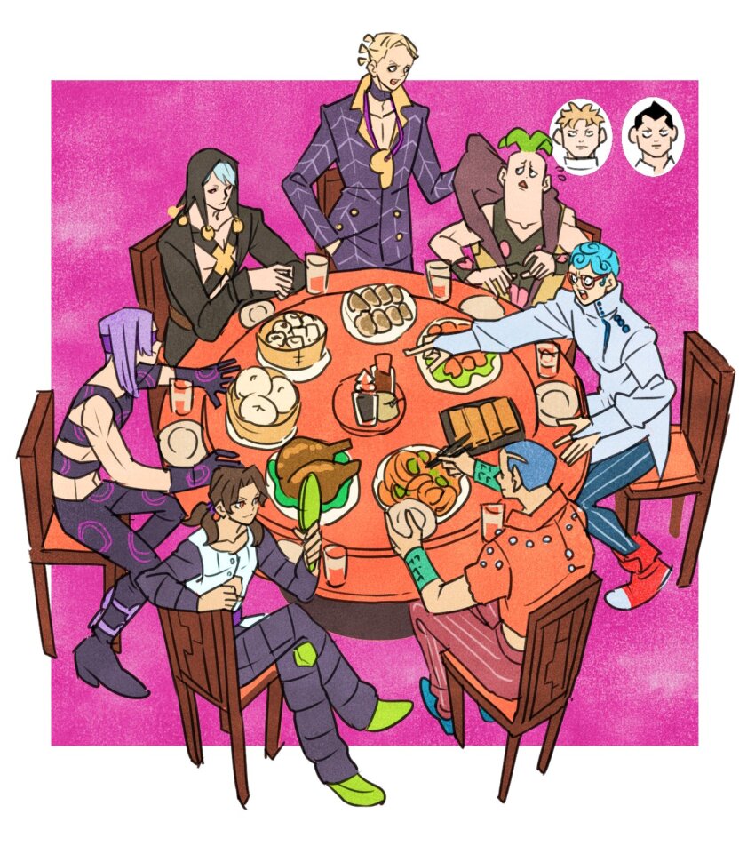 6+boys bamboo_steamer black_choker black_coat black_hat black_pants blonde_hair blue_footwear blue_hair blue_pants border brown_hair chair chinese_food choker chopsticks closed_mouth coat crossed_legs cup dumpling elbow_rest food formaggio full_body gelato_(jojo) ghiaccio glasses green_footwear green_hair hand_mirror hat hex_tails high_collar highres holding holding_chopsticks holding_mirror illuso jacket jojo_no_kimyou_na_bouken long_hair long_sleeves looking_at_mirror male_focus melone mirror multiple_boys open_mouth orange_jacket outside_border pants pesci pink_background plate pointing prosciutto purple_hair purple_jacket red_footwear red_pants risotto_nero shoes short_hair simple_background sitting smile sorbet_(jojo) steamed_bun striped_clothes striped_pants table takeuchi_ryousuke vento_aureo vest white_border white_jacket white_vest