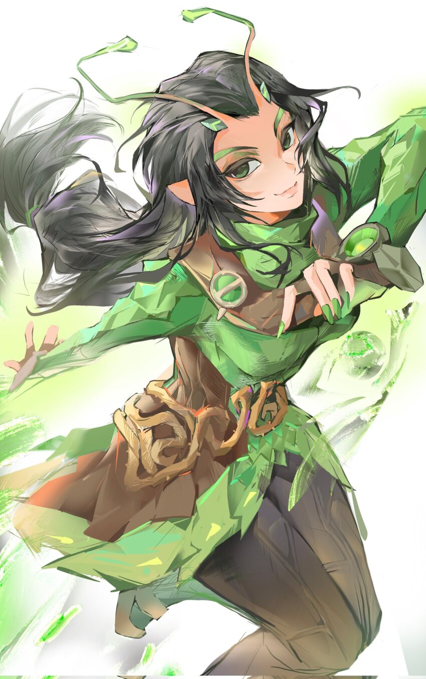 1girl alien antennae black_hair closed_mouth green_eyes guardians_of_the_galaxy highres long_hair looking_at_viewer mantis_(marvel) marvel marvel_cinematic_universe marvel_rivals pointy_ears simple_background smile solo songtanshui02