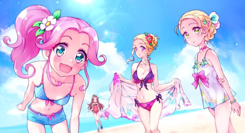 :o beach bikini blonde_hair blue_bikini blue_sky braid braided_bun brown_hair cloud cloudy_sky dokidoki!_precure flower frills futari_wa_precure futari_wa_precure_max_heart fuurin_asumi green_eyes hair_bun hair_flower hair_ornament hanami_kotoha healin&#039;_good_precure kujou_hikari kyoutsuugengo looking_at_viewer madoka_aguri mahou_girls_precure! one-piece_swimsuit pink_hair ponytail precure purple_eyes red_bikini red_eyes ribbon sky smile swimsuit white_one-piece_swimsuit