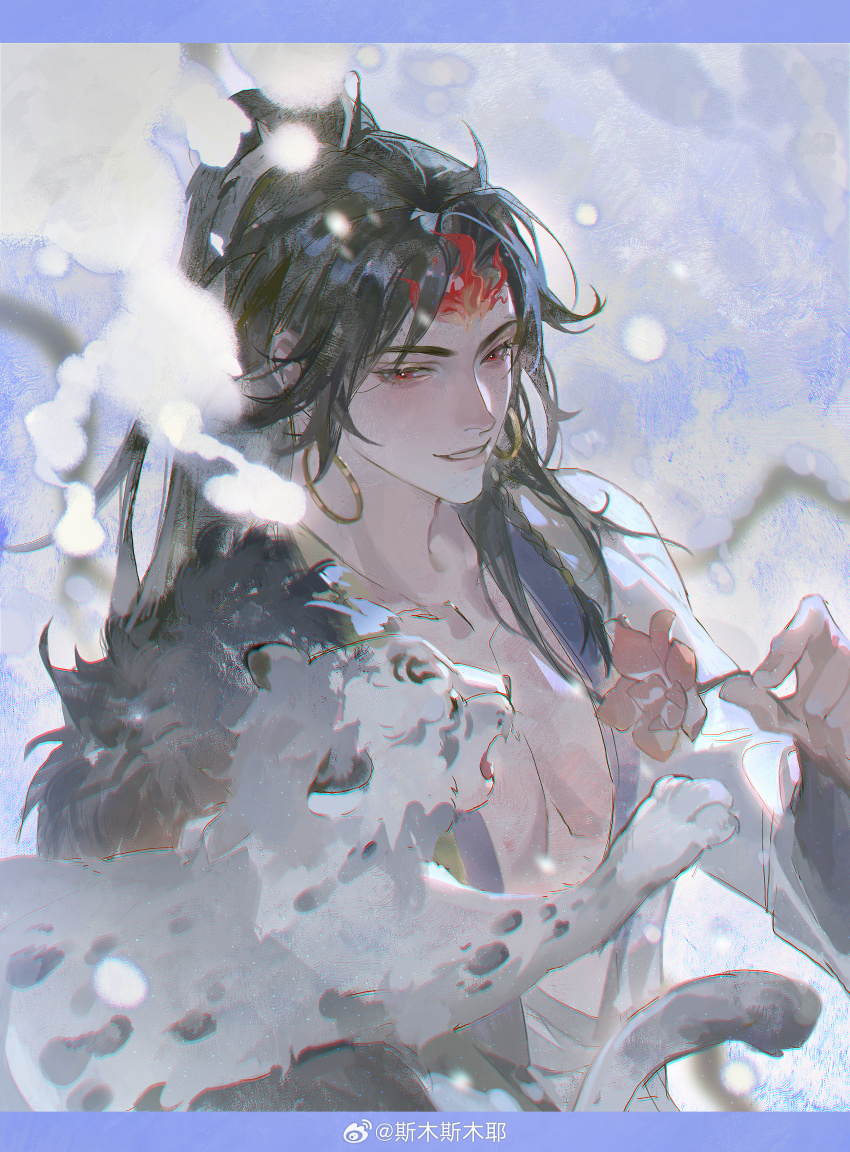 1boy absurdres animal asura_(onmyoji) bare_pectorals black_hair blurry blush braid earrings flower fur_trim highres holding holding_flower jewelry leopard letterboxed long_hair long_sleeves looking_at_animal male_chest male_focus onmyoji parted_bangs parted_lips pectorals ponytail red_eyes red_flower sidelocks smile smusmuye snow snow_leopard solo solo_focus watermark weibo_watermark