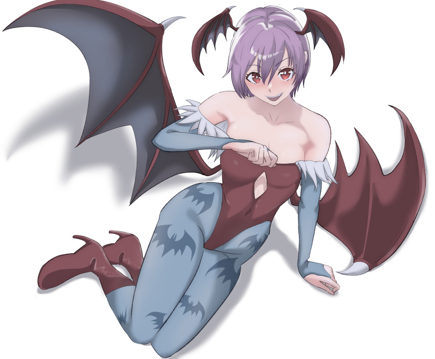 1girl :d absurdres arm_support blue_pantyhose blush boots breasts bridal_gauntlets capcom cleavage covered_navel darkstalkers demon_girl demon_wings elbow_gloves fang female_focus full_body gloves head_wings high_heel_boots high_heels highres leotard lilith_(darkstalkers) looking_at_viewer musuhi open_mouth pantyhose purple_hair red_boots red_eyes red_leotard short_hair simple_background sitting small_breasts smile solo teeth upper_teeth_only white_background wings