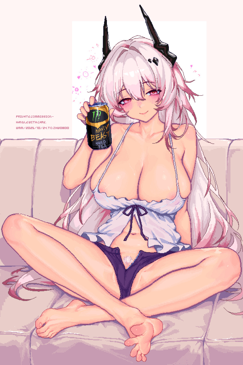 1girl absurdres arknights barefoot blush breasts camisole can couch feet highres horns large_breasts long_hair looking_at_viewer open_clothes open_shirt pink_eyes pink_hair pubic_hair smile soles theresa_(arknights) toes wmmzkl