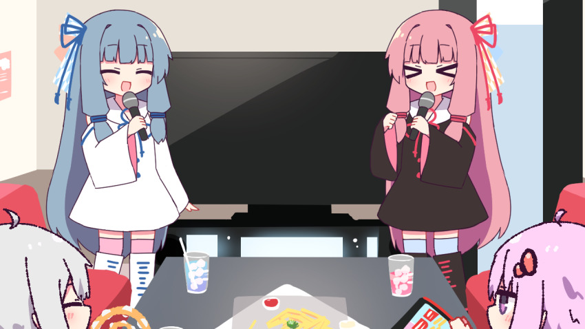 &gt;_&lt; 4girls :d ^_^ ahoge bare_shoulders black_dress black_footwear black_sleeves blue_hair blue_ribbon blue_thighhighs blunt_bangs blush closed_eyes commentary cup dated_commentary dress drink drinking_straw food french_fries grey_hair hair_ornament hair_ribbon hand_up hands_up hibino_000 holding holding_microphone ice ice_cube ketchup kizuna_akari kotonoha_akane kotonoha_aoi long_hair microphone multiple_girls open_mouth over-kneehighs pink_hair pink_thighhighs purple_eyes red_ribbon ribbon sailor_collar shoes short_dress sidelocks sleeveless sleeveless_dress smile television thighhighs vocaloid voiceroid white_dress white_footwear white_sailor_collar white_sleeves wide_sleeves xd yuzuki_yukari