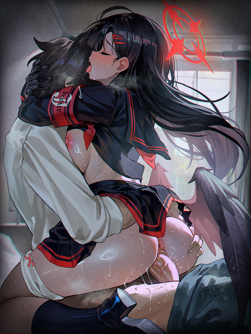1boy 1girl absurdres anus ass black_hair black_serafuku black_shirt black_skirt black_wings blue_archive breast_press breasts censored closed_eyes clothed_sex elocca hair_ornament hairclip halo hetero highres ichika_(blue_archive) long_hair long_sleeves medium_breasts mosaic_censoring nipples open_mouth panties panties_around_leg penis pleated_skirt red_halo saliva school_uniform sensei_(blue_archive) serafuku sex shirt skirt straddling underwear upright_straddle vaginal white_panties white_shirt wings