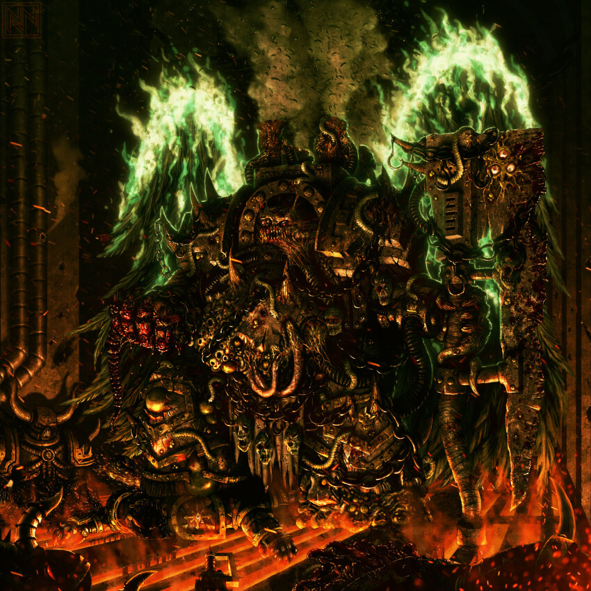 5boys adeptus_astartes after_battle armor axe bisected black_legion blood blood_drip blood_on_armor blood_on_ground blood_on_hands blue_eyes body_horror breastplate broken_armor bug bullet_hole centipede chain chainsword chaos_(warhammer) chaos_space_marine chaos_undivided_(symbol) colored_skin commentary corpse cracked_armor damaged dark death death_guard decapitation decay deformed english_commentary eyes_of_horus_(warhammer_40k) fake_horns fire fly greaves green_fire green_skin guro helmet highres holding holding_axe holding_detached_head hook horned_armor horned_helmet horns insect lattice male_focus monster multiple_boys nicholas_wolf no_headwear nurgle nurgle_(symbol) pauldrons pelvic_curtain plague_marine power_armor pteruges red_light rot_fly rotting rust severed_head shoes shoulder_armor shoulder_spikes single_shoe skull skull_belt skull_ornament smoke sparkle spikes spine steam swarm terminator_armor tube vambraces warhammer_40k warts weapon_on_floor wings