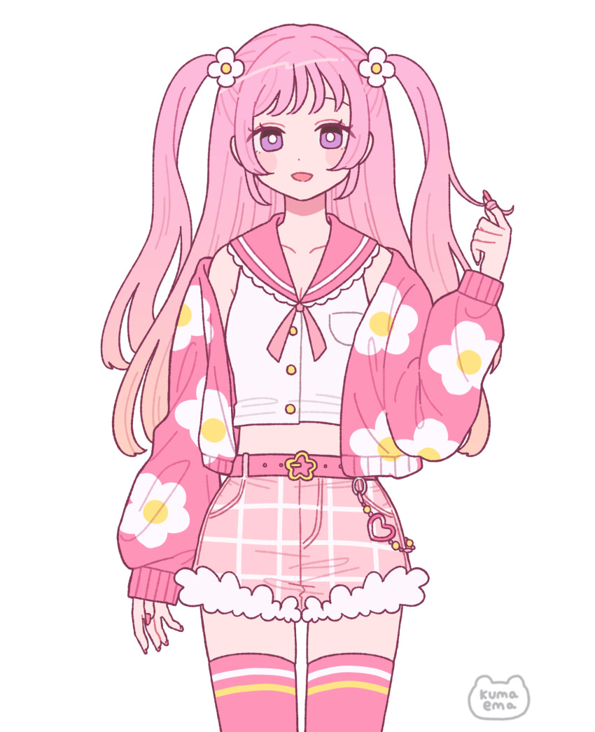 1girl bright_pupils emma_(kumaema) floral_print flower gradient_hair hair_flower hair_ornament hand_up heart highres jacket long_hair midriff multicolored_hair nail_polish open_mouth original pink_hair pink_jacket pink_nails pink_shorts pink_skirt pink_thighhighs print_jacket purple_eyes shirt shorts signature skirt sleeveless sleeveless_shirt smile solo thighhighs very_long_hair white_flower white_pupils white_shirt