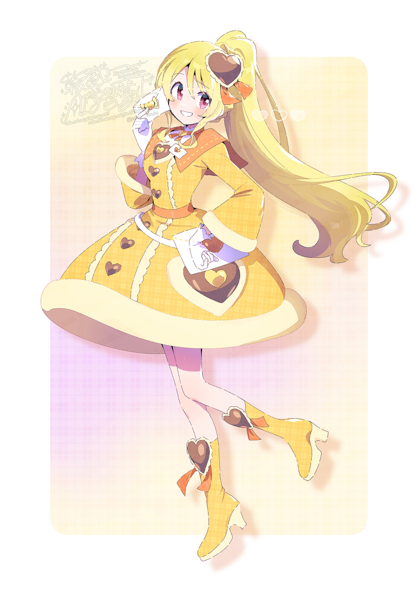 1girl bare_legs blonde_hair boots border brooch buttons center_frills collared_shirt dress envelope footwear_ribbon frills full_body fur-trimmed_dress fur-trimmed_sleeves fur_trim gradient_background grin hair_between_eyes hair_ornament hair_ribbon hand_on_own_hip happy heart heart-shaped_sleeves heart_brooch heart_button heart_hair_ornament high_collar high_heel_boots high_heels high_ponytail highres holding holding_envelope jewelry letter light_blush long_sleeves love_letter magia_record:_mahou_shoujo_madoka_magica_gaiden mahou_shoujo_madoka_magica medium_dress neck_ribbon orange_boots orange_ribbon orange_sailor_collar outside_border pink_eyes plaid_background plaid_clothes plaid_dress plaid_footwear pocket ponytail purple_background ribbon ribbon_trim sailor_collar serizawa_serizane shadow shirt shirt_under_dress smile solo standing tareme togame_momoko twitter_username unmoving_pattern waist_bag watermark white_bag white_border white_shirt yellow_background yellow_dress