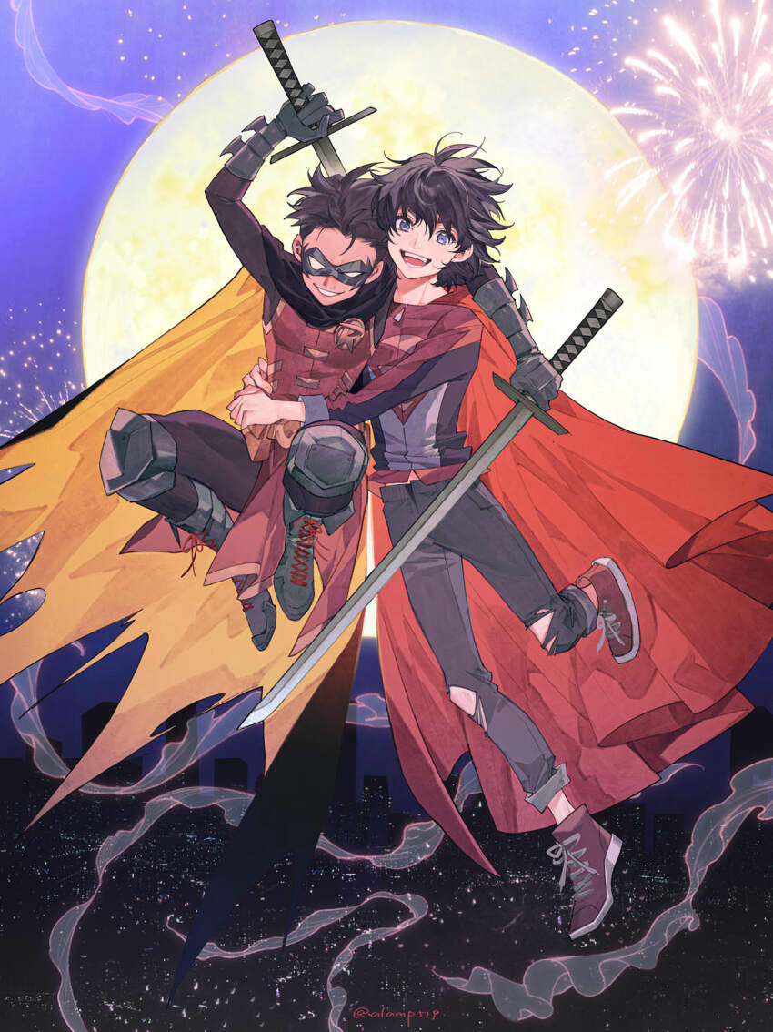 alamp519 artist_name batman_(series) black_hair cape child damian_wayne dc_comics domino_mask fireworks flying full_moon highres jonathan_kent katana mask moon purple_eyes robin_(dc) smile super_sons superboy superman_(series) sword weapon