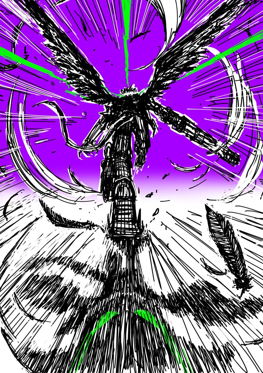 1boy arm_cannon beelzebumon beelzebumon_blast_mode demon_boy demon_tail different_shadow digimon digimon_(creature) eikenkobayashi feathered_wings from_behind full_body greyscale_with_colored_background highres impmon male_focus motion_lines purple_background solo speed_lines tail weapon wings