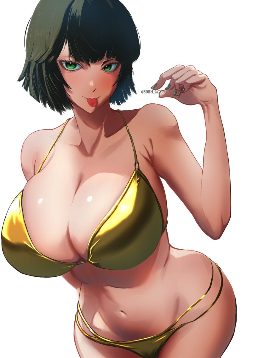1girl bikini black_hair bob_cut breasts cleavage collarbone fubuki_(one-punch_man) gold_bikini golden_week green_eyes green_nails highres large_breasts looking_at_viewer navel one-punch_man satin_bikini satopuu shiny_swimsuit short_hair simple_background skindentation smile solo stomach string_bikini swimsuit thighs twitter_username white_background
