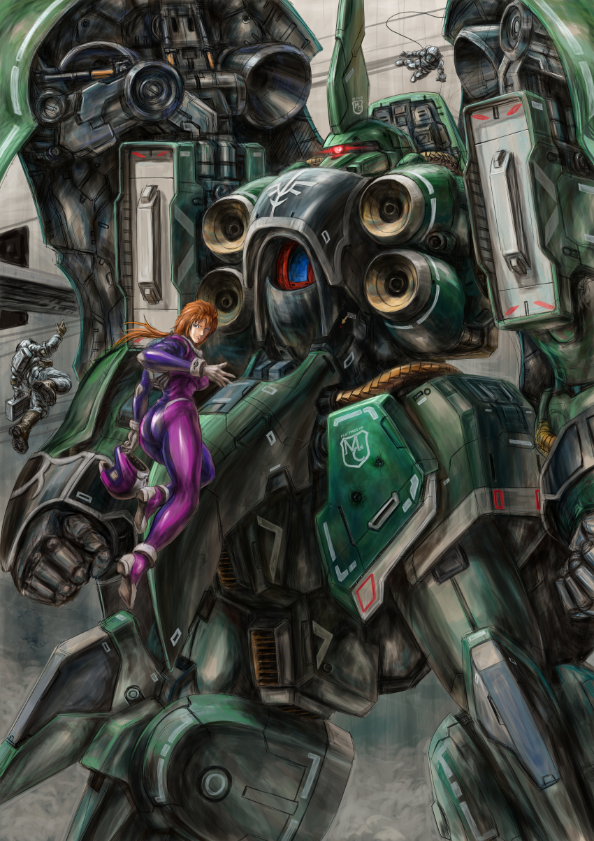1girl 2others absurdres ass breasts glowing glowing_eye gundam gundam_unicorn unworn_headwear helmet unworn_helmet highres holding holding_helmet huge_filesize kshatriya long_hair looking_back marida_cruz mecha medium_breasts mobile_suit multiple_others one-eyed open_hand orange_hair pilot_suit purple_eyes red_eyes robot science_fiction space_helmet spacesuit zandan_zero_to_na!?