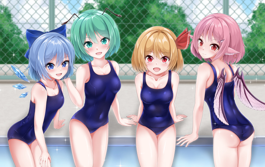 4girls absurdres animal_ears antennae bird_ears bird_wings blonde_hair blue_bow blue_hair blue_one-piece_swimsuit bow cirno competition_swimsuit green_eyes green_hair hair_bow highres ice ice_wings muki_(munikichan) multiple_girls mystia_lorelei one-piece_swimsuit pink_hair pool red_eyes ribbon rumia school_swimsuit short_hair swimsuit team_9_(touhou) touhou wings wriggle_nightbug