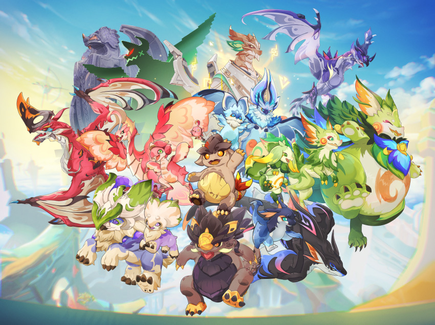 ^_^ ajaw_(genshin_impact) aratakosu_(tako&#039;s) arm_up arms_up blue_eyes blue_sky brown_eyes cacucu chromatic_aberration claws closed_eyes closed_mouth cloud cloudy_sky colored_sclera commentary_request day dragon eyepatch fangs floating_island flying genshin_impact green_eyes holawaqa_ngoubou_(genshin_impact) iktomisaurus_(genshin_impact) koholasaurus_(genshin_impact) kongamato_(genshin_impact) kukulkan_(genshin_impact) little_one_(genshin_impact) looking_at_viewer medical_eyepatch mountain och-kan_(genshin_impact) one_eye_covered open_mouth outdoors purple_eyes purple_sclera qucusaurus_(genshin_impact) red_eyes red_sclera sky spiked_tail spiked_wings spikes tail tatankasaurus_(genshin_impact) tepetlisaurus_(genshin_impact) tusks yumkasaurus_(genshin_impact)