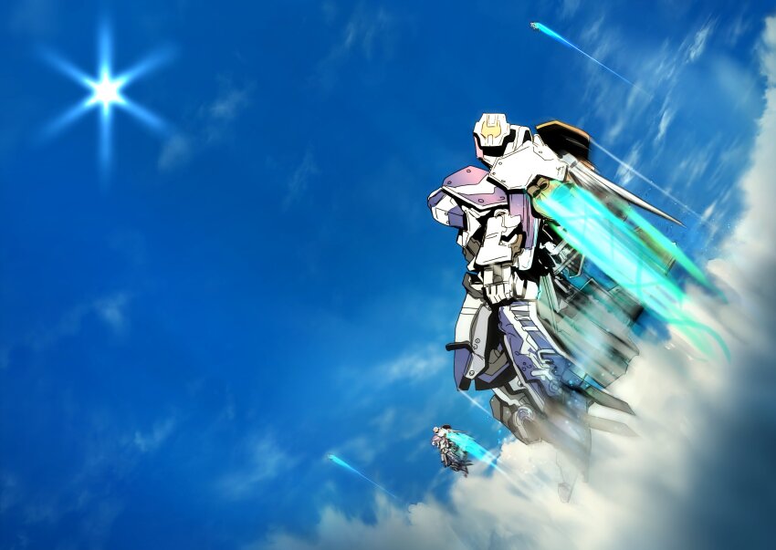 absurdres armor blue_armor cloud flying highres mecha mecha_focus no_humans poteto_(potetosarada123) robot scenery science_fiction skell_(xenoblade_x) sky sun urban_(xenoblade_x) white_armor xenoblade_chronicles_(series) xenoblade_chronicles_x