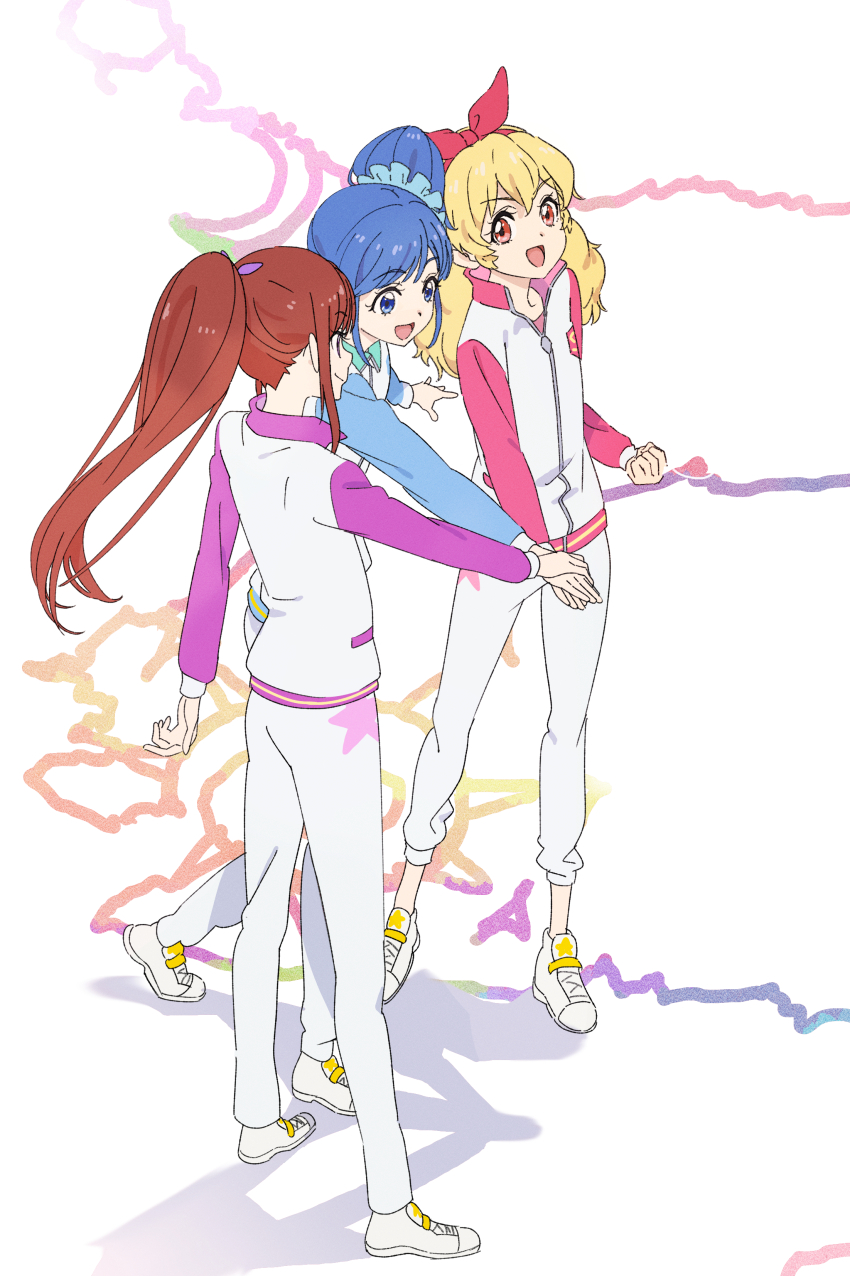 3girls :d absurdres aikatsu! aikatsu!_(series) blonde_hair blue_eyes blue_hair blue_scrunchie bow bow_hairband brown_hair clenched_hand dot_nose hair_bow hair_ornament hair_scrunchie hairband hand_on_another&#039;s_hand highres hoshimiya_ichigo kiriya_aoi legs_apart long_hair long_sleeves medium_hair multiple_girls open_mouth pants ponytail purple_eyes red_bow red_eyes red_hairband saitou_atsushi_(kamatamanankotu) scrunchie shibuki_ran shirt side_ponytail sidelocks smile sportswear standing straight_hair v-shaped_eyebrows white_footwear white_pants white_shirt