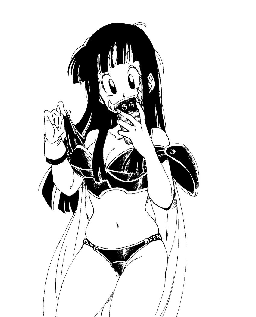 1girl armor artist_name bare_arms bikini_armor black_eyes black_hair blunt_bangs blunt_ends breasts cape cellphone chi-chi_(dragon_ball) cleavage collarbone covered_mouth cowboy_shot dragon_ball dragon_ball_(classic) dragonball_z eyelashes fenyon fingernails gloves groin groin_tendon gyuu_mao hands_up head_tilt highres holding holding_phone horns lifting_own_clothes long_hair looking_at_viewer medium_breasts messy_hair monochrome narrow_waist navel phone selfie shoulder_armor simple_background single_glove smartphone smartphone_case solo stomach straight_hair strap_lift taking_picture tareme thighs white_background wide-eyed