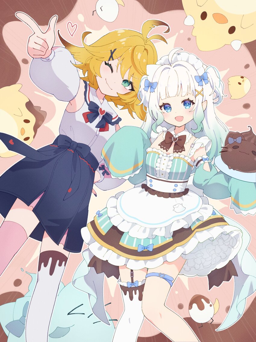 2girls absurdres ahoge apron aqua_dress aqua_eyes aqua_hair asymmetrical_legwear blonde_hair blue_eyes blue_skirt bow bowtie closed_mouth commission detached_sleeves dokibird_(vtuber) dragoon_(dokibird) dress frills gradient_hair haru_(haru1bc6c4) heart highres indie_virtual_youtuber long_hair maid_headdress mint_fantome multicolored_hair multiple_girls one_eye_closed open_mouth pointing pointy_ears second-party_source shirt short_hair single_thighhigh skirt smile thighhighs triangular_headpiece two_side_up virtual_youtuber white_apron white_hair white_shirt wisps_(mint_fantome)