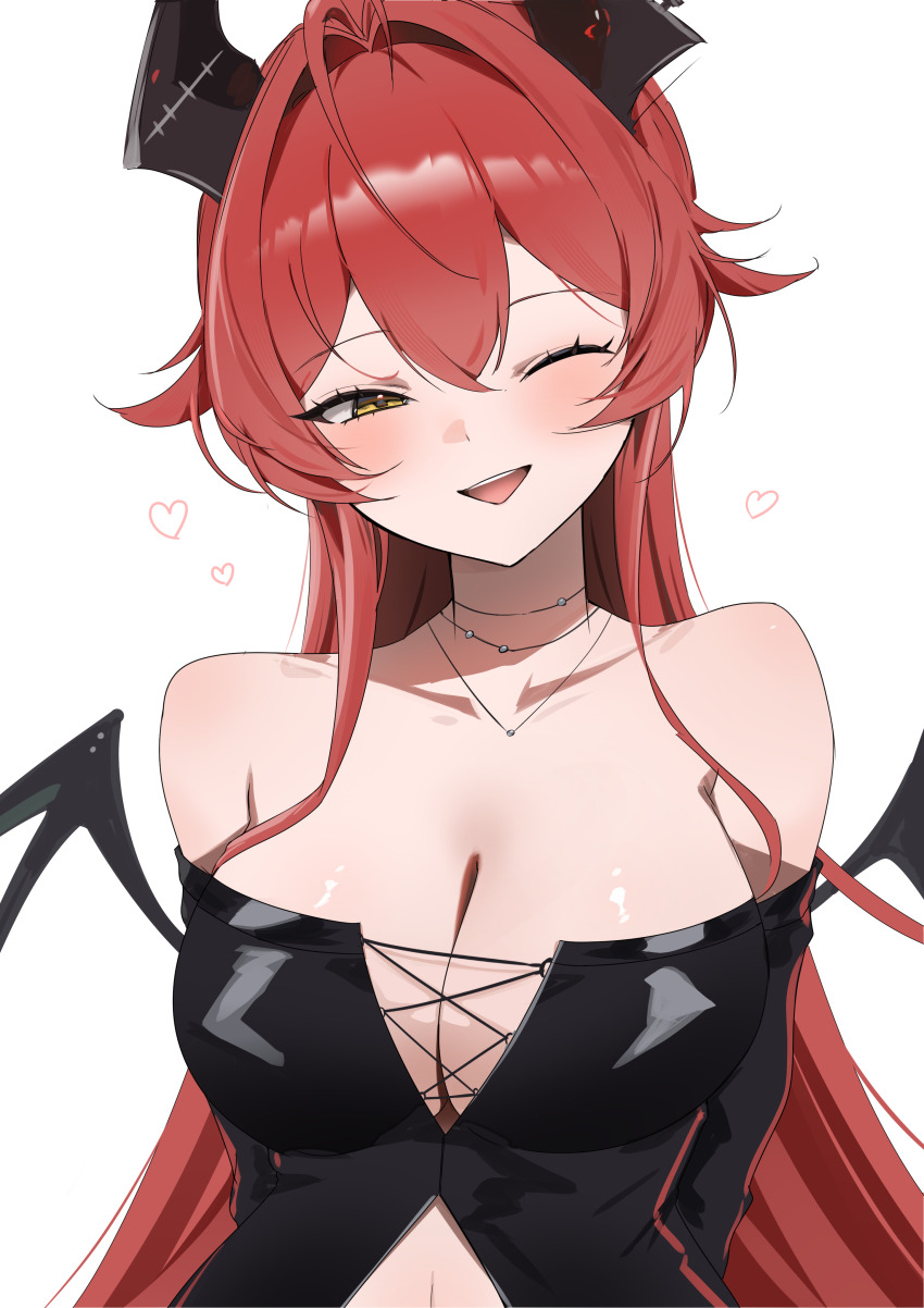 1girl ;d absurdres antenna_hair arms_behind_back bare_shoulders black_shirt blush breasts cleavage collarbone commentary_request cross-laced_clothes demon_wings double-parted_bangs goddess_of_victory:_nikke hair_between_eyes hair_flaps hair_intakes heart highres horns jewelry large_breasts long_hair looking_at_viewer mechanical_horns mopyo_(gvmmr) navel necklace off-shoulder_shirt off_shoulder official_alternate_costume one_eye_closed open_mouth red_hair red_hood_(nikke) sharp_teeth shirt sidelocks simple_background smile solo standing teeth upper_body upper_teeth_only very_long_hair white_background wings yellow_eyes zozotown