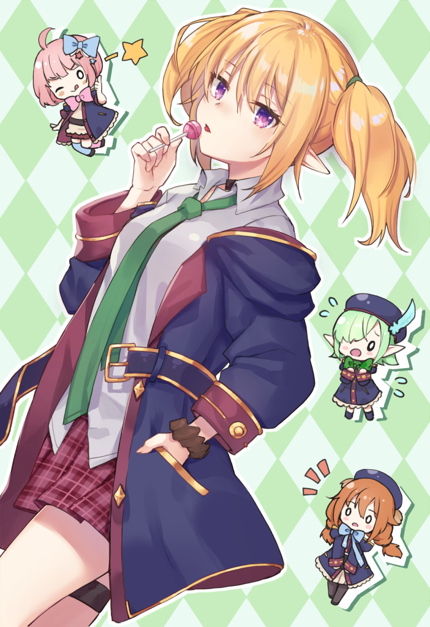 0_0 4girls :o ;q ahoge aoi_(princess_connect!) aoi_(transfer_student)_(princess_connect!) argyle_background argyle_clothes beret black_legwear blonde_hair blue_bow blue_headwear blue_jacket blush bow braid breasts brown_hair candy chibi chieru_(princess_connect!) chloe_(princess_connect!) collared_shirt commentary_request flying_sweatdrops food green_hair green_neckwear hair_between_eyes hair_bow hair_ornament hair_over_one_eye hand_in_pocket hands_up hat highres holding holding_candy holding_food holding_lollipop hood hood_down hooded_coat hooded_jacket jacket kon_(k0n16) lollipop long_hair long_sleeves multiple_girls notice_lines one_eye_closed open_clothes open_jacket open_mouth pantyhose parted_lips pink_hair plaid_clothes plaid_skirt pleated_skirt pointy_ears princess_connect! purple_eyes red_skirt shirt sidelocks skirt small_breasts star_(symbol) star_hair_ornament thumbs_up tongue tongue_out twin_braids twintails white_shirt yuni_(princess_connect!)