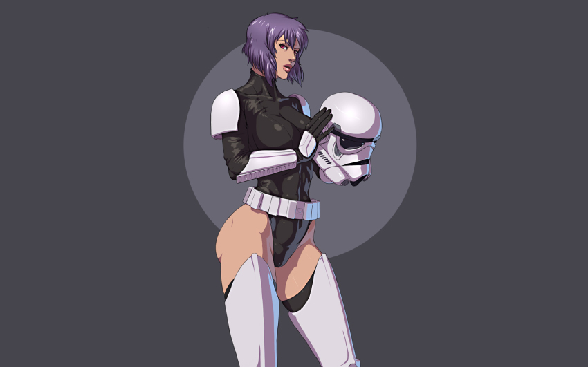 1girl crossover cyborg dmitrys female_focus ghost_in_the_shell hip_focus kusanagi_motoko purple_hair red_eyes short_hair simple_background solo star_wars stormtrooper