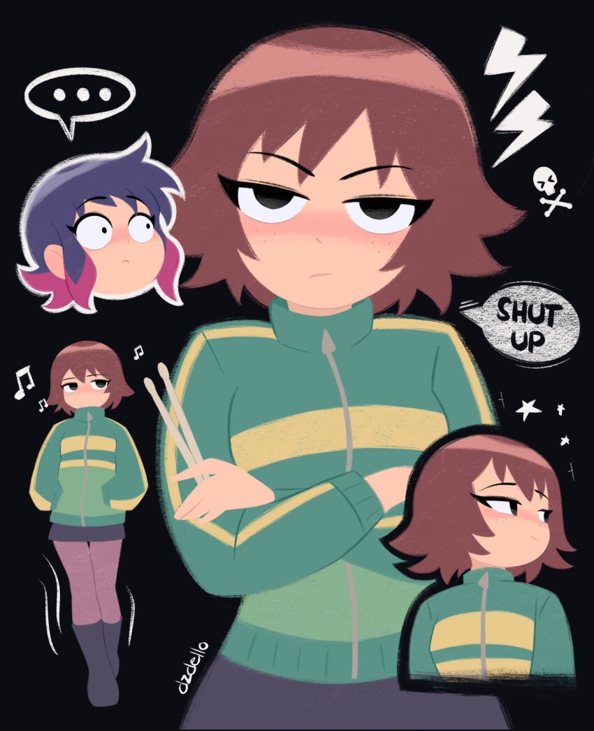 ... 2girls alt_text black_background black_eyes blush brown_hair commentary crossed_arms drumsticks dzdello english_commentary english_text green_jacket highres holding holding_drumsticks jacket kim_pine long_sleeves multicolored_hair multiple_girls multiple_views musical_note no_lineart official_style ramona_flowers scott_pilgrim_(series) scott_pilgrim_takes_off short_hair sidelocks