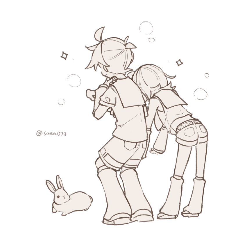 1boy 1girl arm_warmers bare_shoulders belt brother_and_sister from_behind full_body highres kagamine_len kagamine_rin leaf leg_warmers monochrome outstretched_arm ponytail rabbit sazanami_(ripple1996) shirt short_hair short_ponytail short_shorts short_sleeves shorts siblings simple_background sketch sleeveless sleeveless_shirt sparkle standing t-shirt twitter_username vocaloid