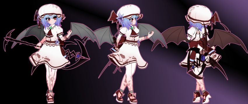 1girl 3d adapted_costume anklet ascot bat_wings black_background blender_(medium) bow bracelet brooch child commentary dress embellished_costume footwear_ribbon frilled_sleeves frills gradient_background gs-mantis hat hat_ribbon high_heels highres holding holding_weapon jewelry leaf_print light_purple_hair mob_cap multiple_views nail_polish pantyhose pink_dress pink_pantyhose polearm puffy_short_sleeves puffy_sleeves purple_background red_eyes red_nails red_ribbon remilia_scarlet ribbon short_hair short_sleeves simple_background skirt skirt_set spear spear_the_gungnir touhou turnaround weapon wings