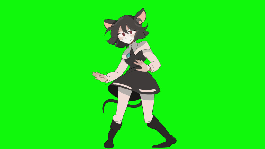 1girl animal_ear_fluff animal_ears animated animated_gif black_boots bob_cut boots dancing freckles full_body green_background grey_hair grey_skirt grey_vest grin highres jewelry kappce long_sleeves looking_at_viewer looping_animation meme mouse_ears mouse_girl mouse_tail nazrin necklace pantyhose pendant rat_dance_(meme) red_eyes shirt short_hair simple_background skirt skirt_set smile solo tail touhou vest white_pantyhose white_shirt