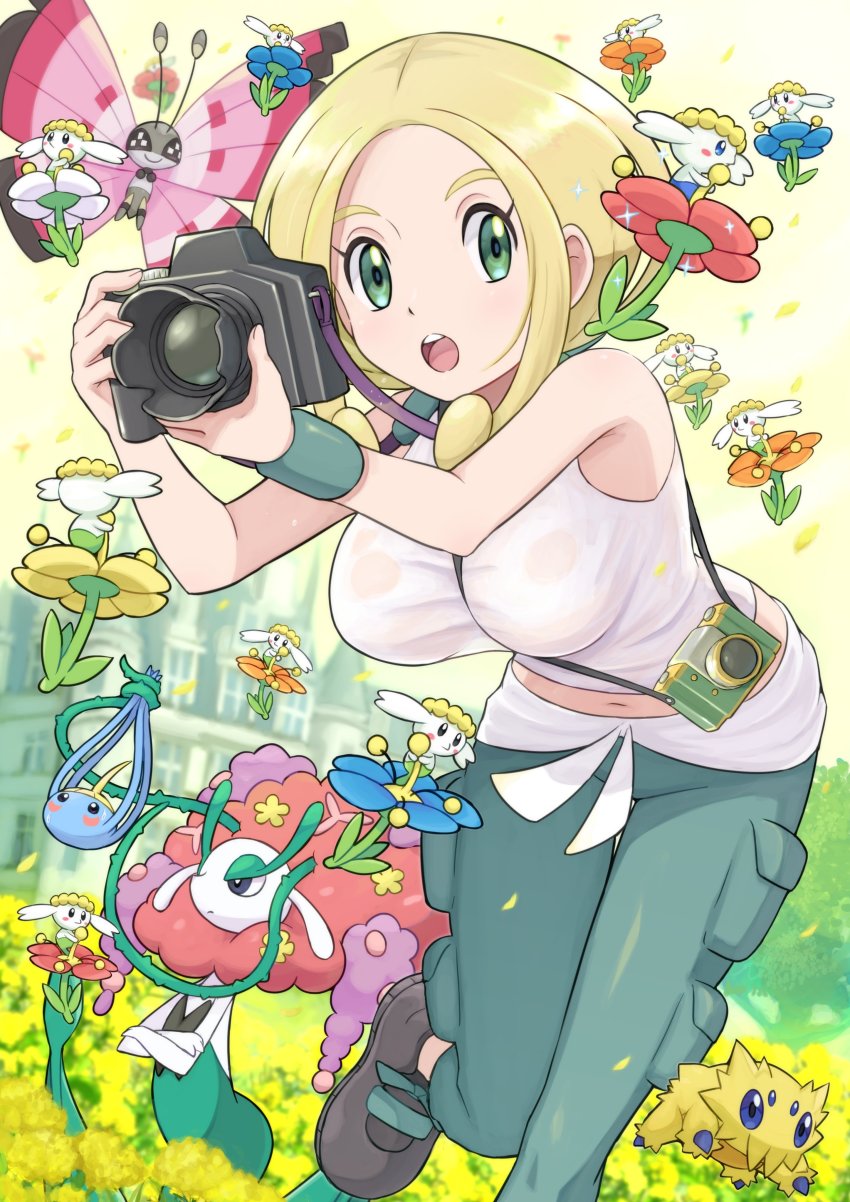 1girl absurdres bare_shoulders blonde_hair blue_eyes breasts bug butterfly camera flabebe flabebe_(blue_flower) flabebe_(orange_flower) flabebe_(red_flower) flabebe_(white_flower) flabebe_(yellow_flower) florges florges_(red_flower) flower gen_3_pokemon gen_5_pokemon gen_6_pokemon highres insect joltik large_breasts midriff navel nintendo open_mouth pants pokemoa pokemon pokemon_(creature) pokemon_xy shirt spider surskit tank_top viola_(pokemon) vivillon vivillon_(meadow) wet wet_clothes wet_shirt