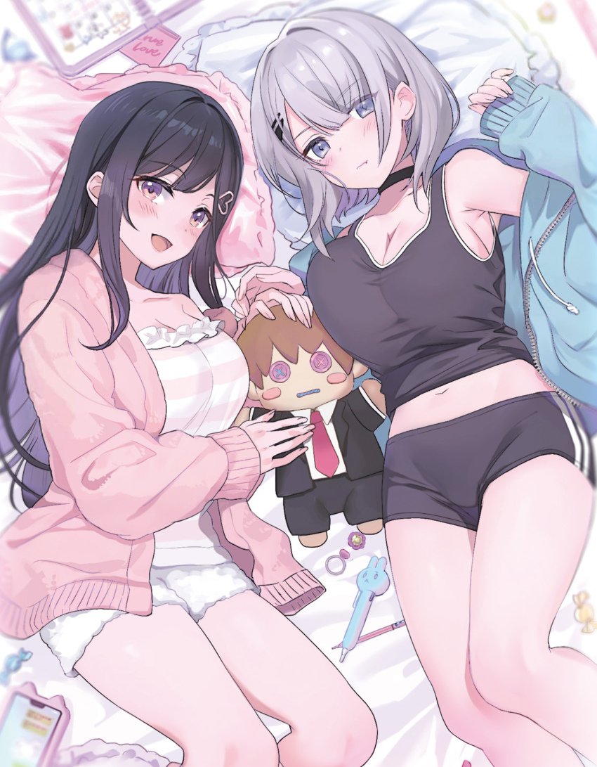 2girls :d :t armpits bare_legs black_buruma black_choker black_hair black_pants black_tank_top blurry bob_cut breasts buruma button_eyes buttons candy cardigan cellphone character_doll choker cleavage closed_mouth colored_inner_hair depth_of_field doll food from_above fur_shorts grey_hair hair_intakes hair_ornament highres holding holding_doll jacket kuzuhara_kazuma long_sleeves lying medium_breasts midriff monoto multicolored_hair multiple_girls navel necktie no_bra notebook novel_illustration official_art on_back on_bed open_cardigan open_clothes open_jacket open_mouth osananajimi-tachi_ga_ninki_idol_ni_natta_~amaamana_kanojotachi_wa_ore_ni_mitsuide_kurete_iru~ pants pencil phone pillow pinching_sleeves purple_eyes purple_hair red_necktie shirt short_hair smartphone smartphone_case smile striped_clothes striped_shirt suit_jacket takanashi_setsuna tank_top third-party_source tsukishiro_arisa