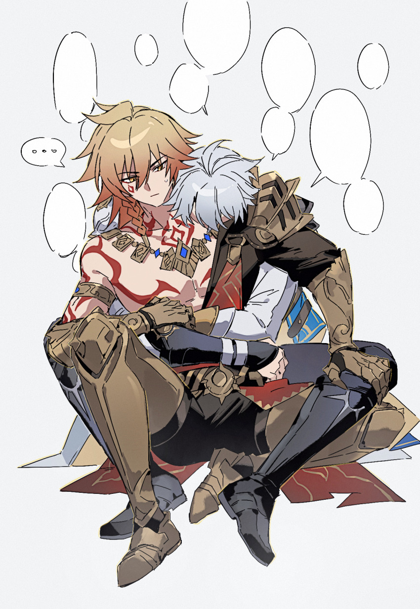 ... 2boys antenna_hair armlet armor black_coat black_pants black_shirt blank_speech_bubble blonde_hair blue_cape blush braid cape chest_tattoo chinese_commentary clawed_gauntlets coat collared_shirt commentary_request earrings gold_earrings gold_necklace gradient_hair hair_between_eyes head_on_another&#039;s_shoulder highres honkai:_star_rail honkai_(series) hug hug_from_behind jewelry looking_at_another male_focus medium_hair multicolored_hair multiple_boys mydei_(honkai:_star_rail) necklace open_clothes open_coat osamu18568716 pants pauldrons phainon_(honkai:_star_rail) red_hair red_tattoo shirt short_hair shoulder_armor side_braid simple_background single_pauldron speech_bubble spoken_ellipsis sweatdrop tattoo white_background white_coat white_hair yaoi