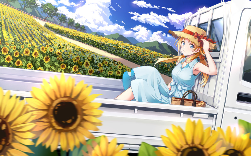 1girl absurdres bag blonde_hair blue_dress blue_eyes blue_sky blurry blurry_foreground closed_mouth cloud commentary_request day dirt_road dress fence field flatbed_truck flower flower_field hachimiya_meguru hair_flower hair_ornament hand_on_headwear hat hat_ribbon highres idolmaster idolmaster_shiny_colors kei_truck looking_at_viewer macha0331 medium_hair motor_vehicle mountain mountainous_horizon official_style outdoors pickup_truck ribbon road shoulder_bag sitting sky smile solo straw_hat summer sun_hat sundress sunflower sunflower_field sunflower_petals tree truck wooden_fence