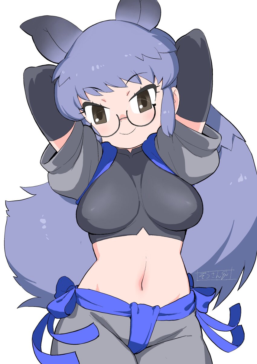 1girl absurdres animal_ears arms_behind_head arms_up black-framed_eyewear black_gloves black_rhinoceros_(kemono_friends) black_shirt blue_trim brown_eyes cowboy_shot crop_top elbow_gloves glasses gloves grey_hair grey_pants grey_sleeves highres kemono_friends long_hair looking_at_viewer masuyama_ryou midriff navel pants puffy_short_sleeves puffy_sleeves rhinoceros_ears rhinoceros_girl semi-rimless_eyewear shirt short_sleeves sidelocks smile solo