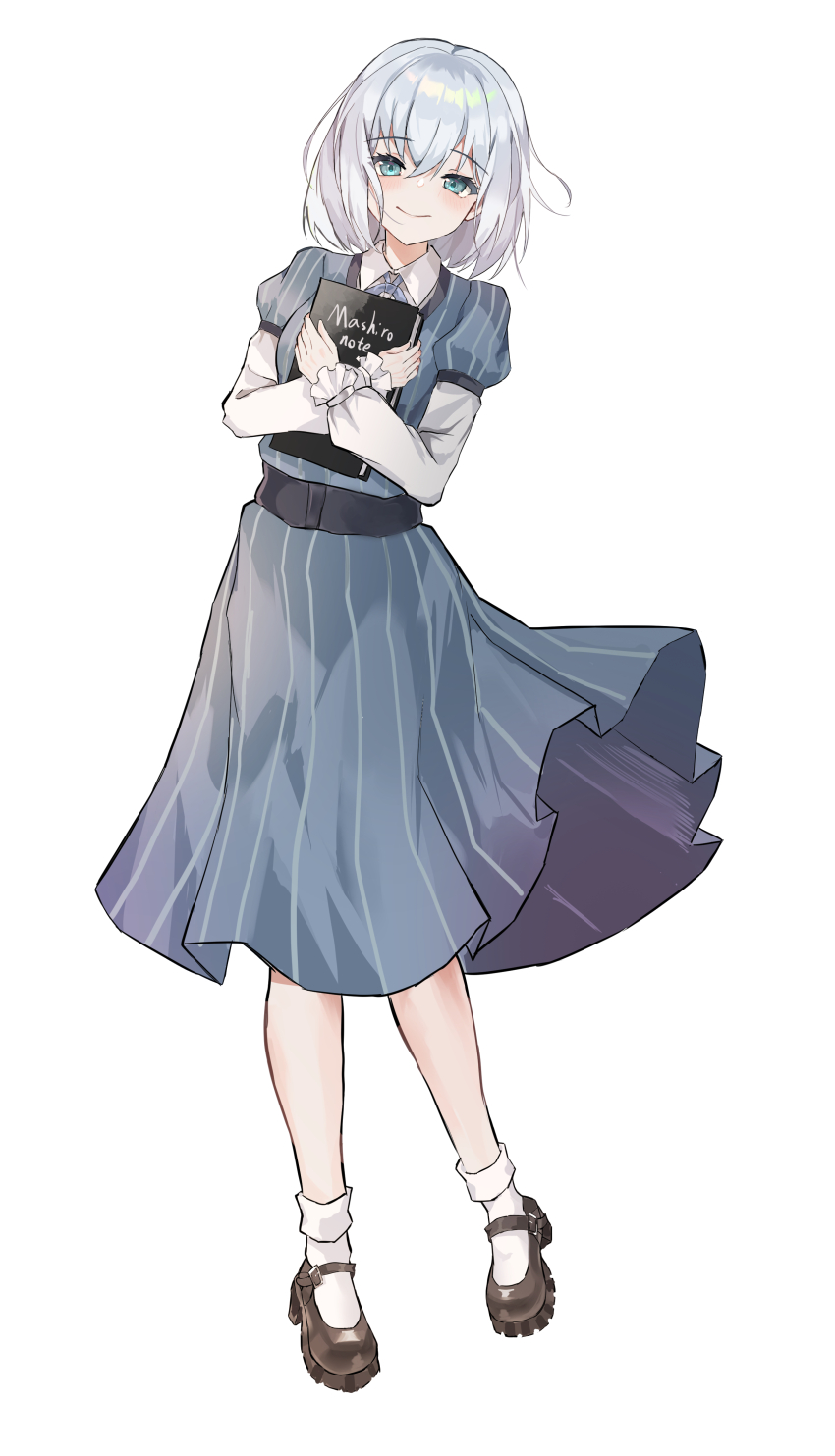 1girl absurdres bang_dream! belt black_belt black_shoes blue_dress blue_eyes book chen_onef diary dress frilled_sleeves frills full_body highres holding holding_book kurata_mashiro light_smile long_sleeves looking_at_viewer shoes short_hair simple_background socks solo striped_clothes striped_dress vertical-striped_clothes vertical-striped_dress white_background white_hair white_socks