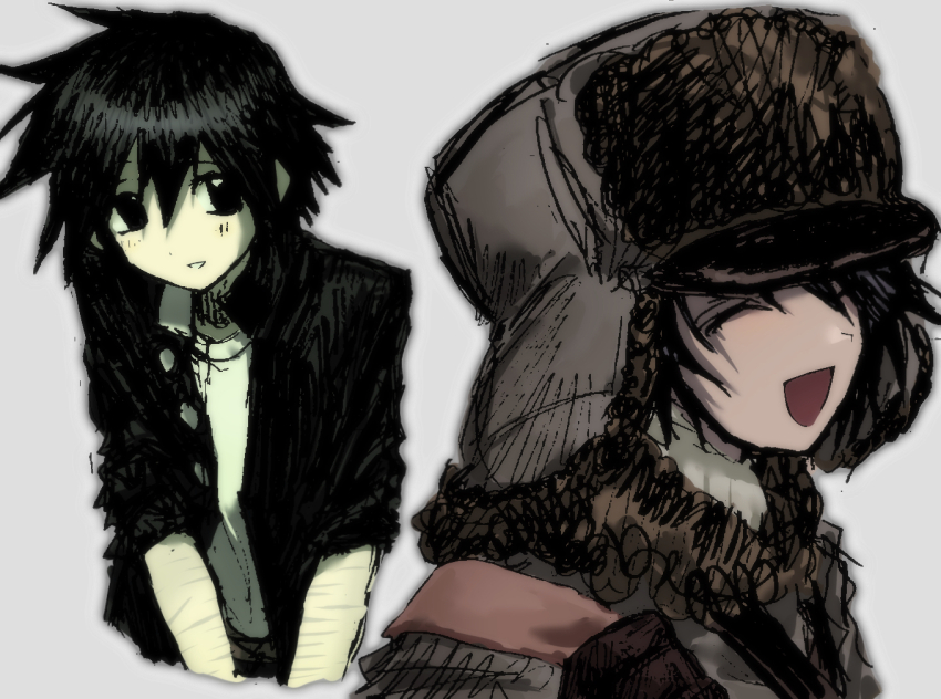 1boy black_eyes black_hair coat gakuran grey_background hat looking_at_viewer male_focus multiple_views nen_(nencha_888) randal&#039;s_friends scar scar_on_arm school_uniform self-harm_scar short_hair simple_background tsukada_satoru ushanka