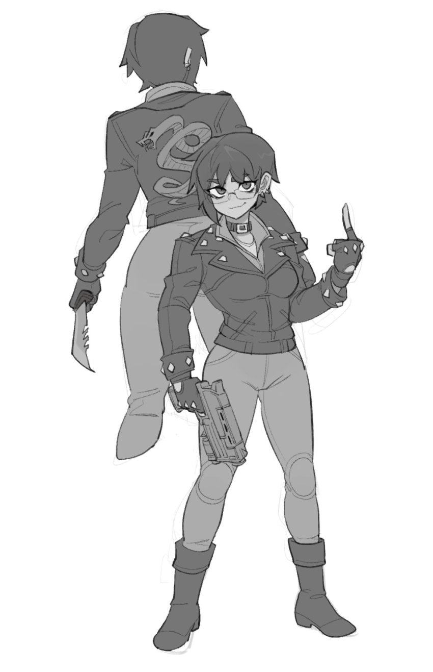 10mm_pistol 1girl boots breasts closed_mouth commentary difman fallout fallout_3 fingerless_gloves glasses gloves greyscale gun handgun highres holding holding_gun holding_knife holding_weapon jacket knife leather leather_jacket looking_at_viewer medium_breasts middle_finger monochrome multiple_views pants print_jacket shirt short_eyebrows simple_background smile snake_print thick_eyebrows weapon white_background