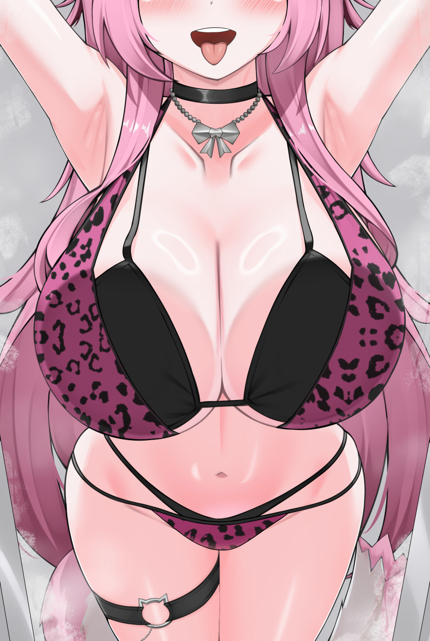 1girl absurdres animal_print armpits bra breasts cat_tail choker cleavage collarbone eyes_out_of_frame head_out_of_frame highres hololive hololive_english large_breasts leopard_print long_hair midriff navel nobarts pink_hair raora_panthera solo steam steaming_body tail thigh_strap tongue tongue_out underwear virtual_youtuber