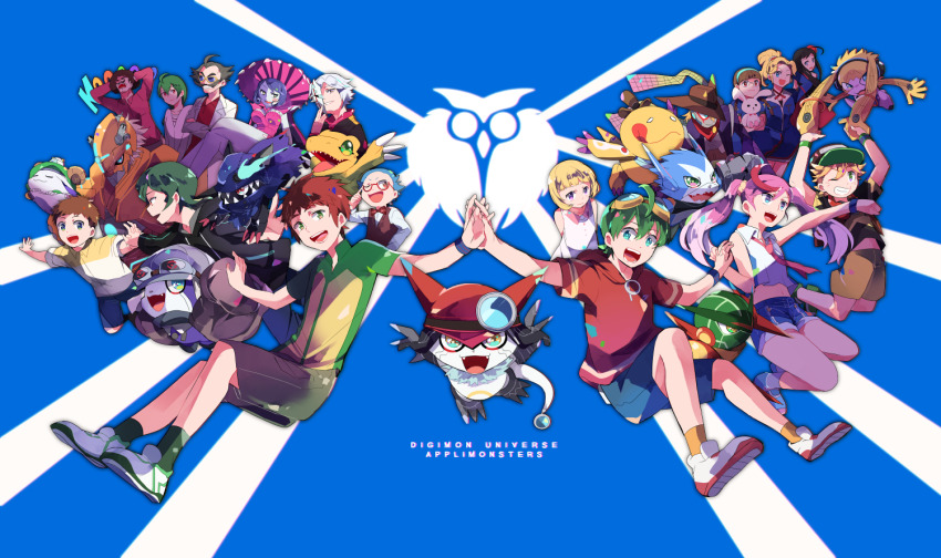agumon asuka_torajirou bootmon digimon digimon_universe:_appli_monsters dokamon everyone gatchmon glasses hackmon_(appmon) happy kagurazaka_izumi karan_eri kashiki_ai katsura_hajime katsura_rei kibayashi_erena mashiro_arisu musimon navimon_(appmon) offmon ozora_yujin perorimon pink_hair sateramon shinkai_denemon shinkai_haru shinkai_haru&#039;s_mother sleepmon smile twintails unryuji_knight warudamon wato_takeru