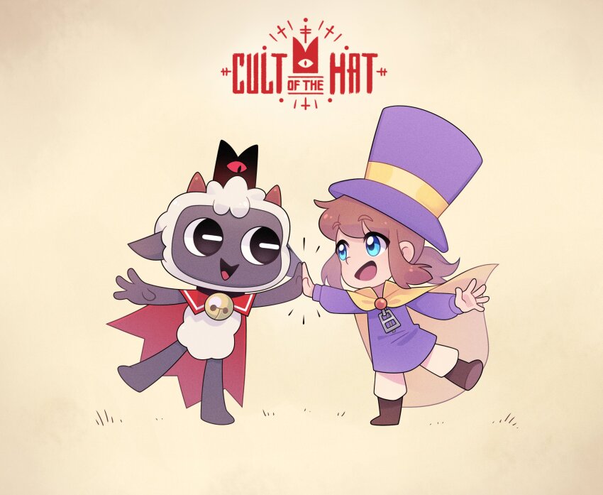 1girl 1other a_hat_in_time absurdres bell black_eyes blue_eyes boots brown_boots brown_hair brown_pants cape child commentary copyright_logo cult_of_the_lamb english_commentary full_body hat hat_kid high_five highres horns jacket jingle_bell long_hair long_sleeves looking_at_another neck_bell open_hand open_mouth pants parody ponytail purple_hat purple_jacket red_cape red_crown_(cult_of_the_lamb) red_eyes sidelocks smile the_lamb_(cult_of_the_lamb) title_parody top_hat xxfaylinnxx yellow_background yellow_cape zipper zipper_pull_tab