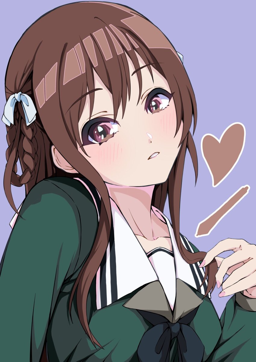 1girl 22/7 black_bow black_bowtie blush bow bowtie braid braided_hair_rings brown_eyes brown_hair green_shirt hair_bow hair_rings heart highres holding holding_own_hair lionmaru0808 long_hair long_sleeves looking_at_viewer parted_lips portrait purple_background rokubanchou_school_uniform sailor_collar school_uniform serafuku shirt solo tachikawa_ayaka twin_braids two_side_up white_bow white_sailor_collar winter_uniform