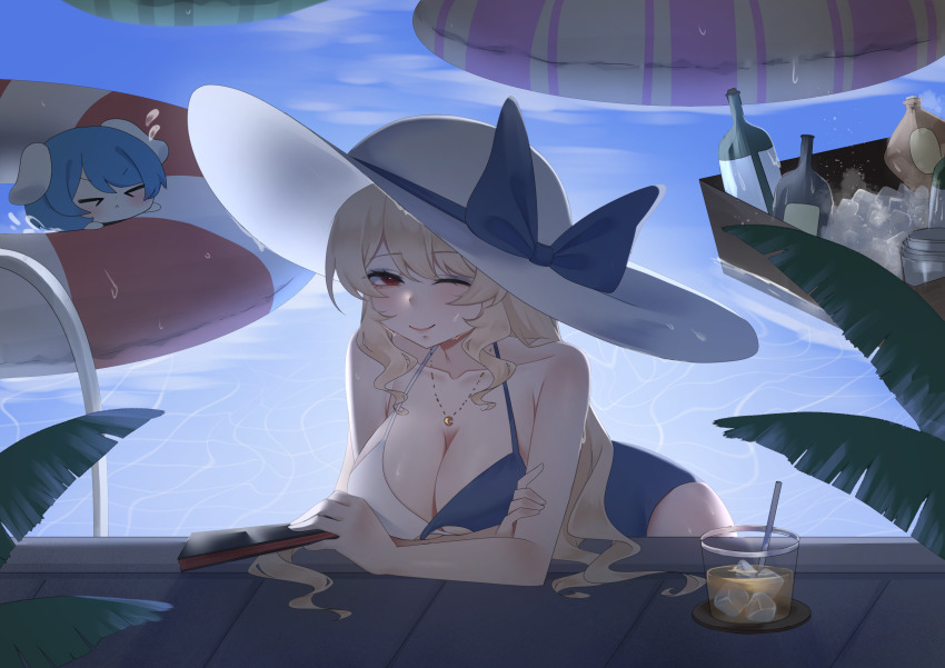 &gt;_&lt; 2girls absurdres alternate_costume animal_ears blonde_hair blue_bow blue_hair blue_one-piece_swimsuit blush bottle bow breasts cleavage closed_mouth collarbone commentary cup drinking_glass drinking_straw floppy_ears flying_sweatdrops folded_fan folding_fan hand_fan hat hat_bow highres holding holding_fan ice ice_cube jewelry large_breasts long_hair looking_at_viewer multiple_girls necklace no_noru one-piece_swimsuit one_eye_closed pendant poolside rabbit_ears rabbit_girl red_eyes reisen_(touhou_bougetsushou) smile swim_ring swimsuit touhou two-tone_one-piece_swimsuit watatsuki_no_toyohime water wet white_hat white_one-piece_swimsuit